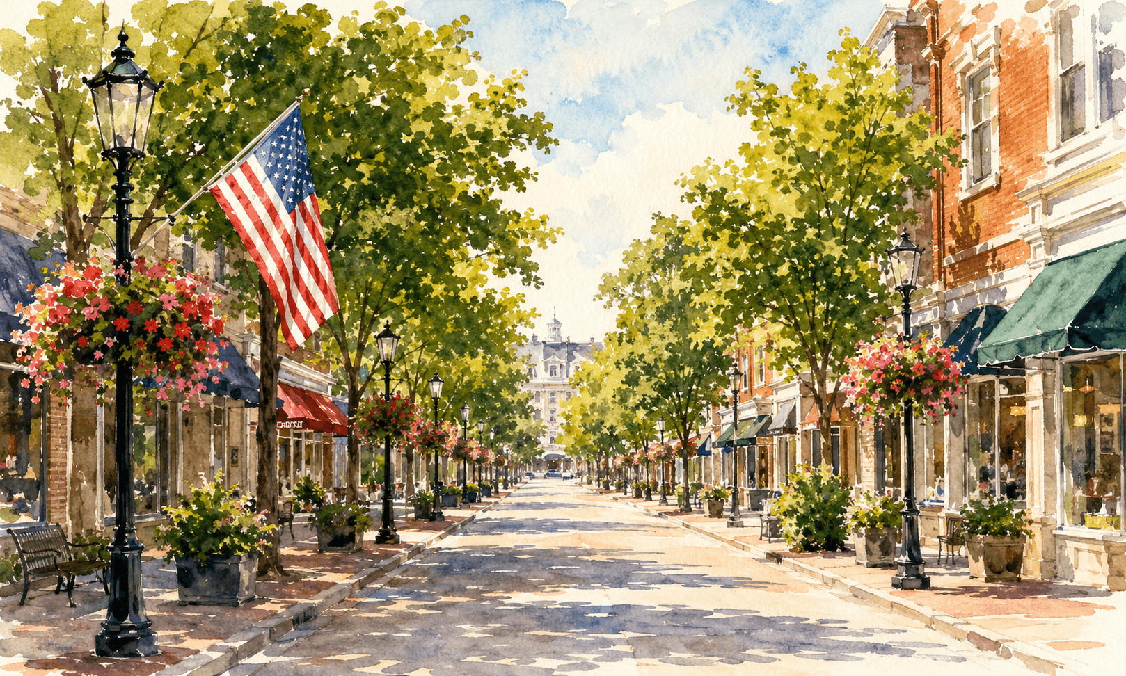 Americana-style downtown street with local storefronts
