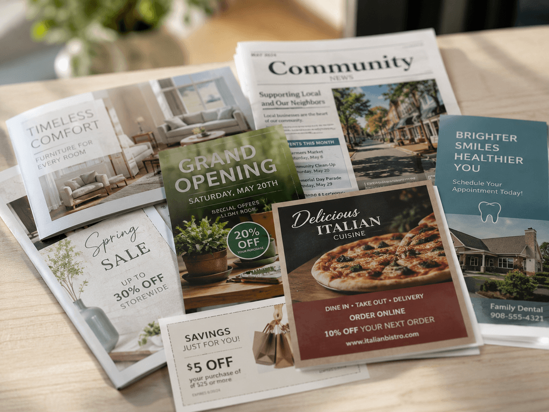 Printed inserts and flyers arranged on a table