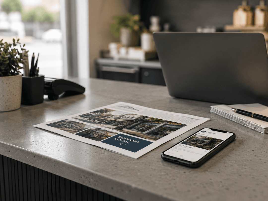 Office table with print and digital marketing materials